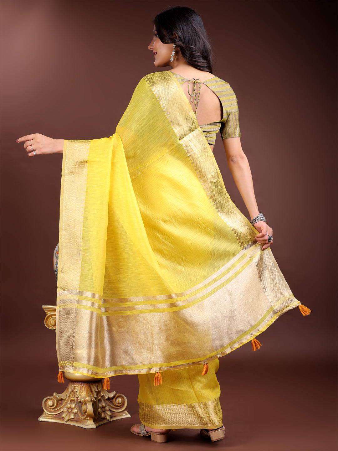 Shree Shyam Fashion Yellow Gold Cotton Ready-to-Wear Saree - Simplicity Meets Effortless Grace | Grocsy