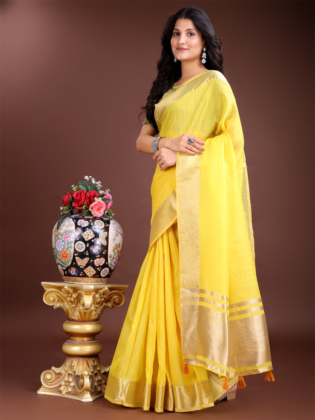 Shree Shyam Fashion Yellow Gold Cotton Ready-to-Wear Saree - Simplicity Meets Effortless Grace | Grocsy