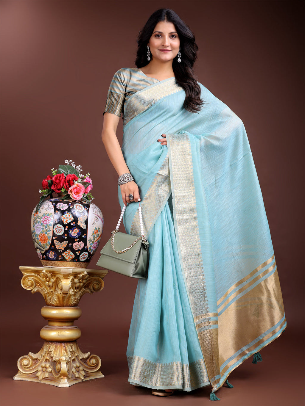 Shree Shyam Fashion Sky Blue Gold Cotton Ready-to-Wear Saree - Simplicity Meets Effortless Grace | Grocsy