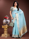 Shree Shyam Fashion Sky Blue Gold Cotton Ready-to-Wear Saree - Simplicity Meets Effortless Grace | Grocsy