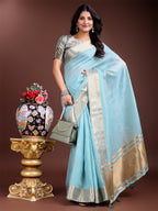 Shree Shyam Fashion Sky Blue Gold Cotton Ready-to-Wear Saree - Simplicity Meets Effortless Grace | Grocsy