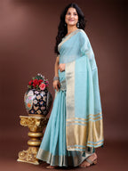 Shree Shyam Fashion Sky Blue Gold Cotton Ready-to-Wear Saree - Simplicity Meets Effortless Grace | Grocsy