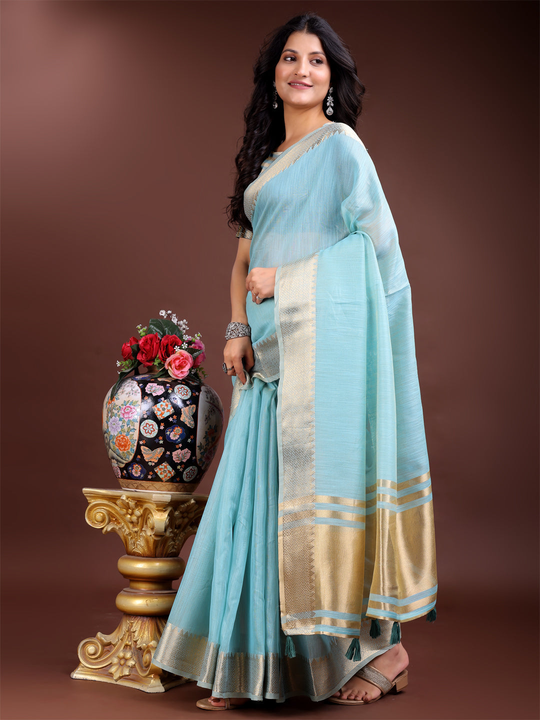 Shree Shyam Fashion Sky Blue Gold Cotton Ready-to-Wear Saree - Simplicity Meets Effortless Grace | Grocsy