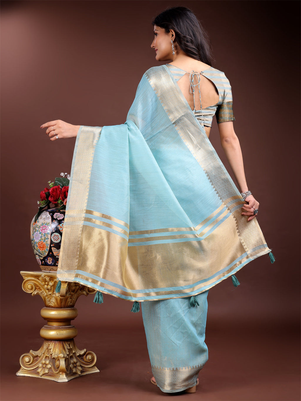 Shree Shyam Fashion Sky Blue Gold Cotton Ready-to-Wear Saree - Simplicity Meets Effortless Grace | Grocsy