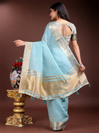 Shree Shyam Fashion Sky Blue Gold Cotton Ready-to-Wear Saree - Simplicity Meets Effortless Grace | Grocsy