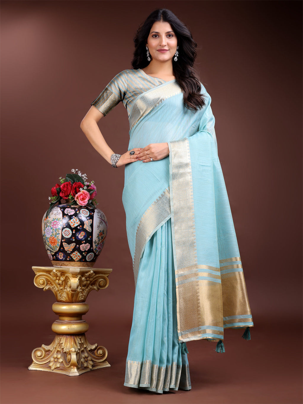 Shree Shyam Fashion Sky Blue Gold Cotton Ready-to-Wear Saree - Simplicity Meets Effortless Grace | Grocsy