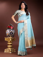 Shree Shyam Fashion Sky Blue Gold Cotton Ready-to-Wear Saree - Simplicity Meets Effortless Grace | Grocsy