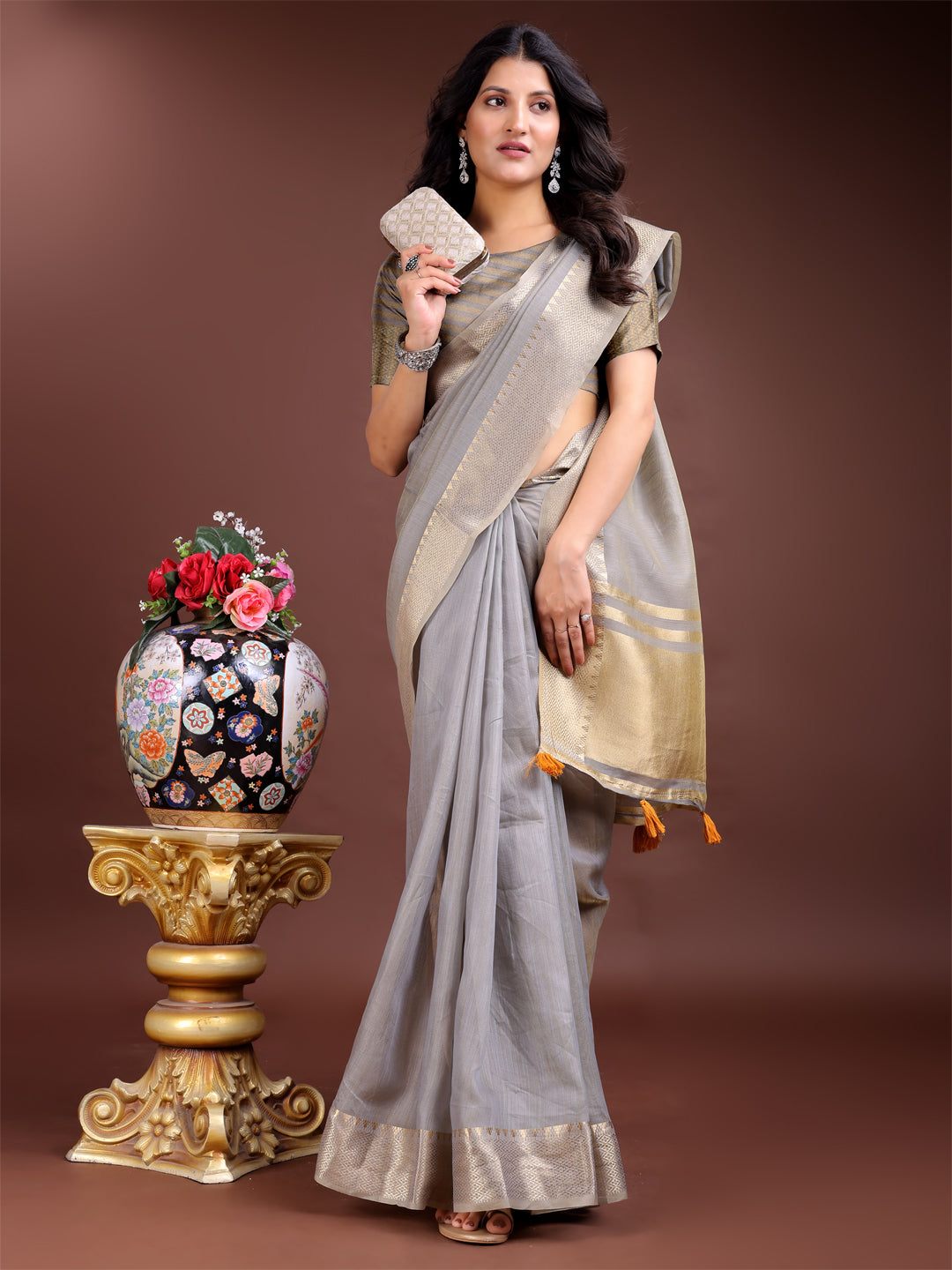 Shree Shyam Fashion Grey Gold Cotton Ready-to-Wear Saree - Simplicity Meets Effortless Grace | Grocsy