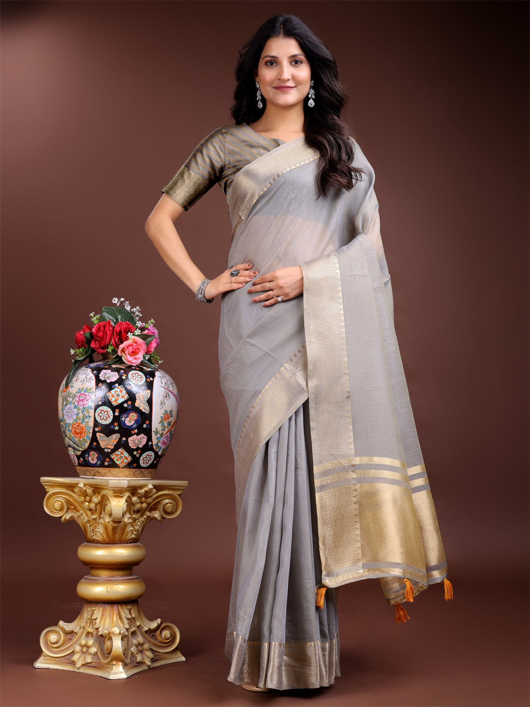 Shree Shyam Fashion Grey Gold Cotton Ready-to-Wear Saree - Simplicity Meets Effortless Grace | Grocsy