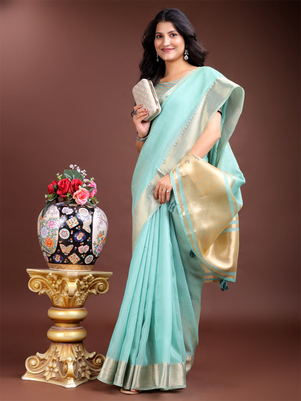 Shree Shyam Fashion Sea Green Gold Cotton Ready-to-Wear Saree - Simplicity Meets Effortless Grace | Grocsy