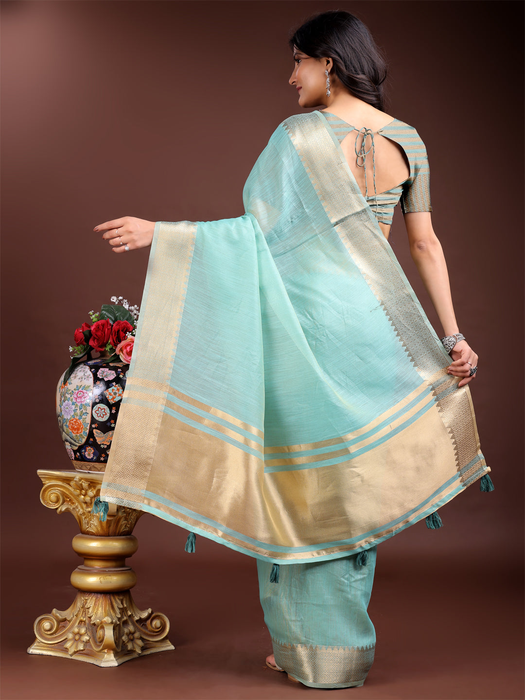 Shree Shyam Fashion Sea Green Gold Cotton Ready-to-Wear Saree - Simplicity Meets Effortless Grace | Grocsy