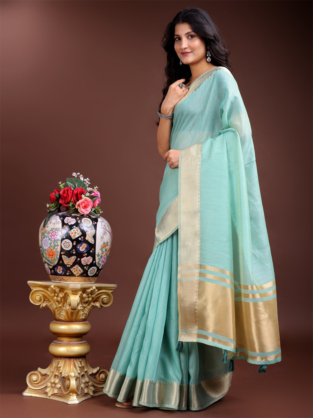 Shree Shyam Fashion Sea Green Gold Cotton Ready-to-Wear Saree - Simplicity Meets Effortless Grace | Grocsy