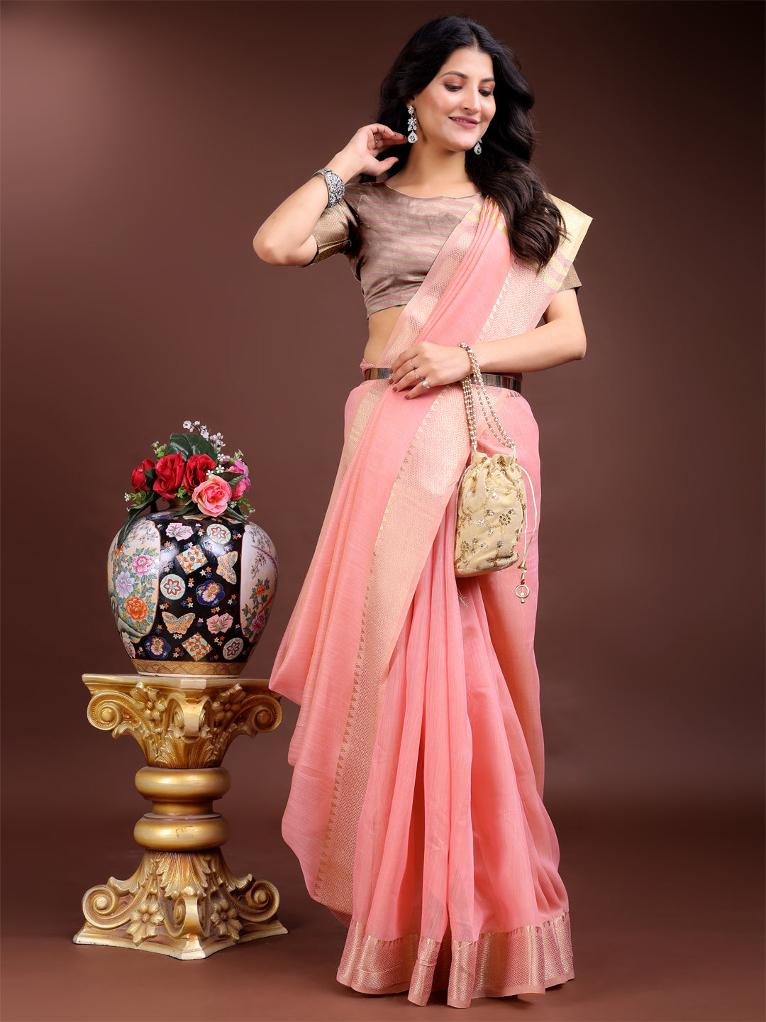 Shree Shyam Fashion Pink Gold Cotton Ready-to-Wear Saree - Simplicity Meets Effortless Grace | Grocsy