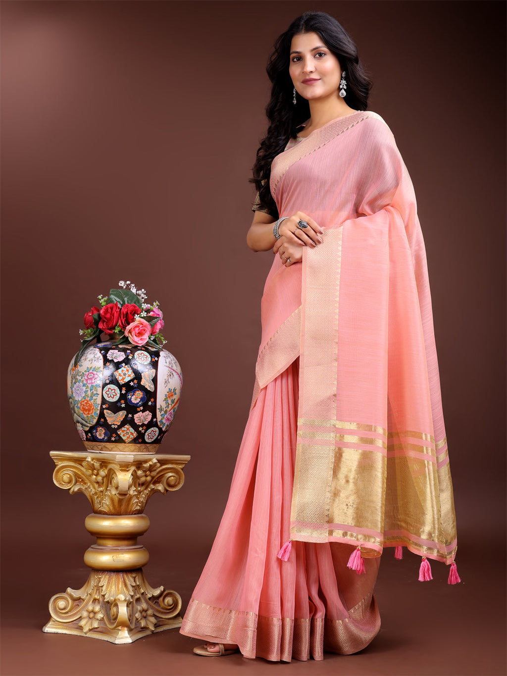 Shree Shyam Fashion Pink Gold Cotton Ready-to-Wear Saree - Simplicity Meets Effortless Grace | Grocsy