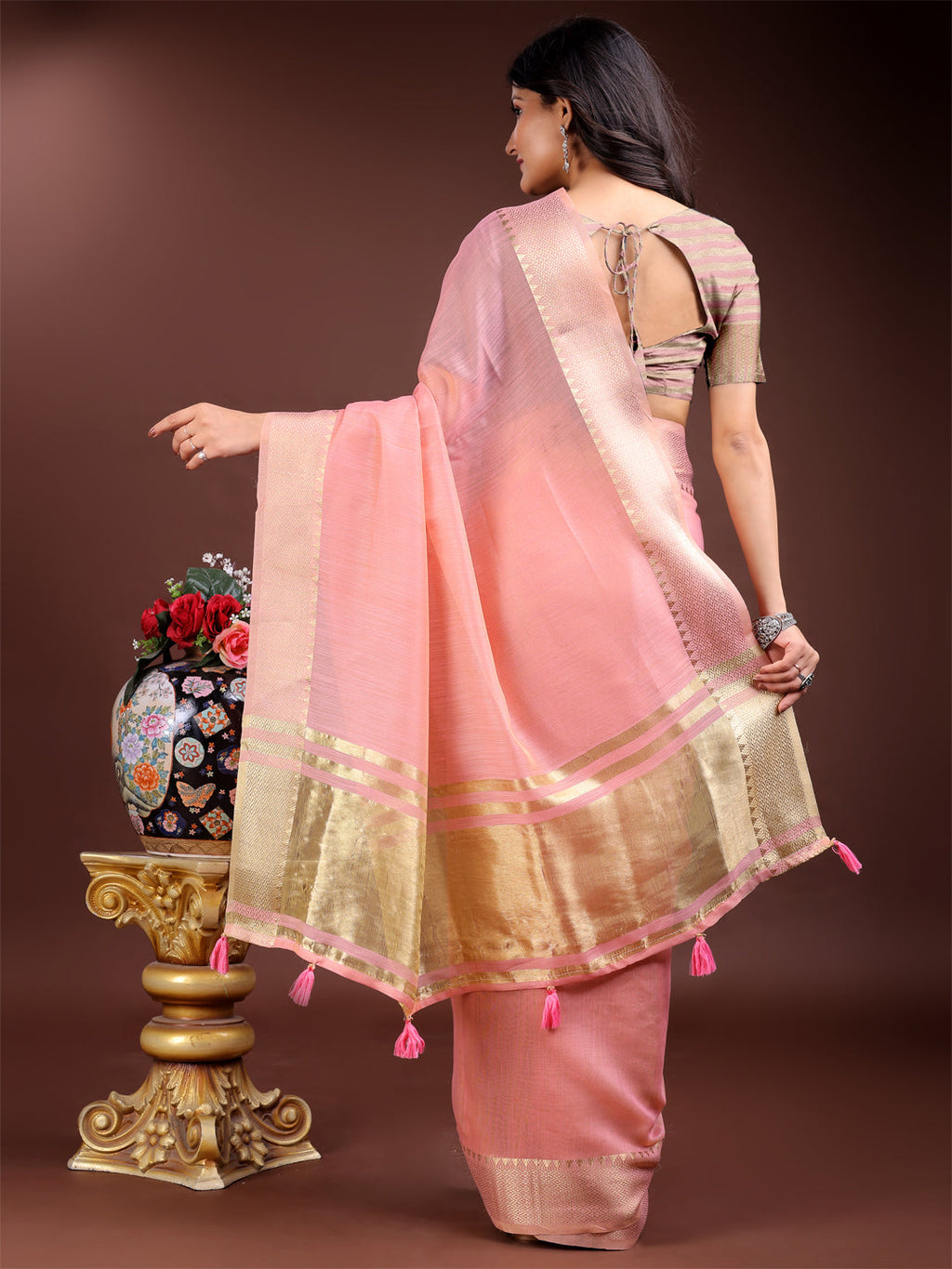 Shree Shyam Fashion Pink Gold Cotton Ready-to-Wear Saree - Simplicity Meets Effortless Grace | Grocsy