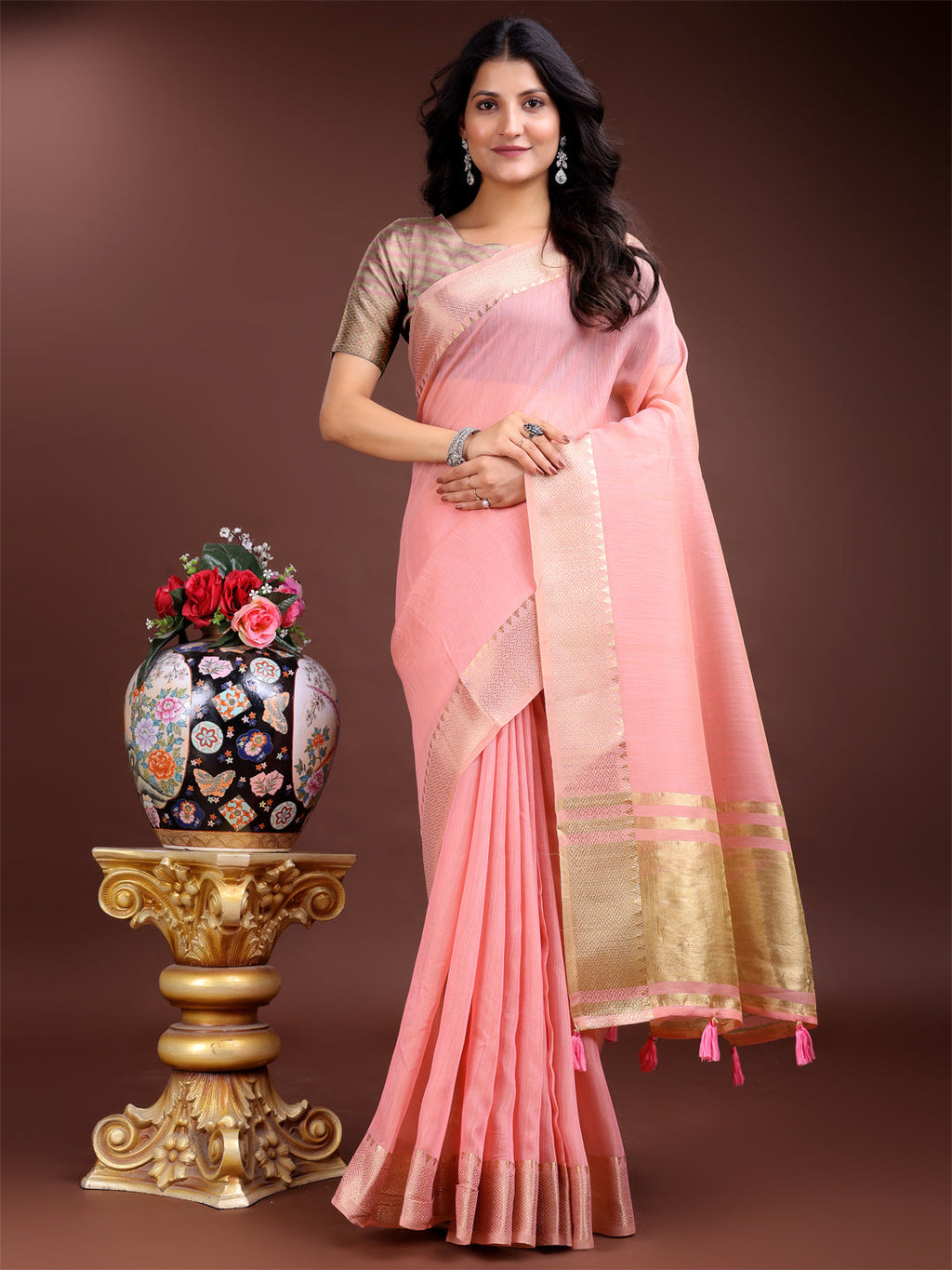 Shree Shyam Fashion Pink Gold Cotton Ready-to-Wear Saree - Simplicity Meets Effortless Grace | Grocsy