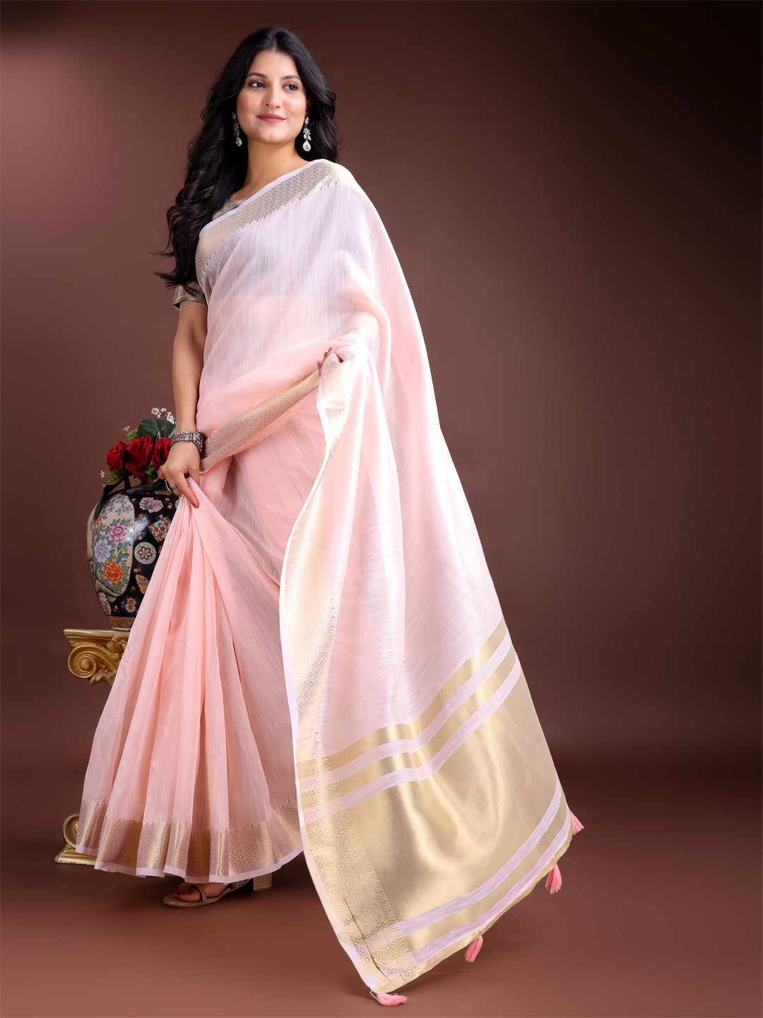 Shree Shyam Fashion Light Pink Gold Cotton Ready-to-Wear Saree - Simplicity Meets Effortless Grace | Grocsy