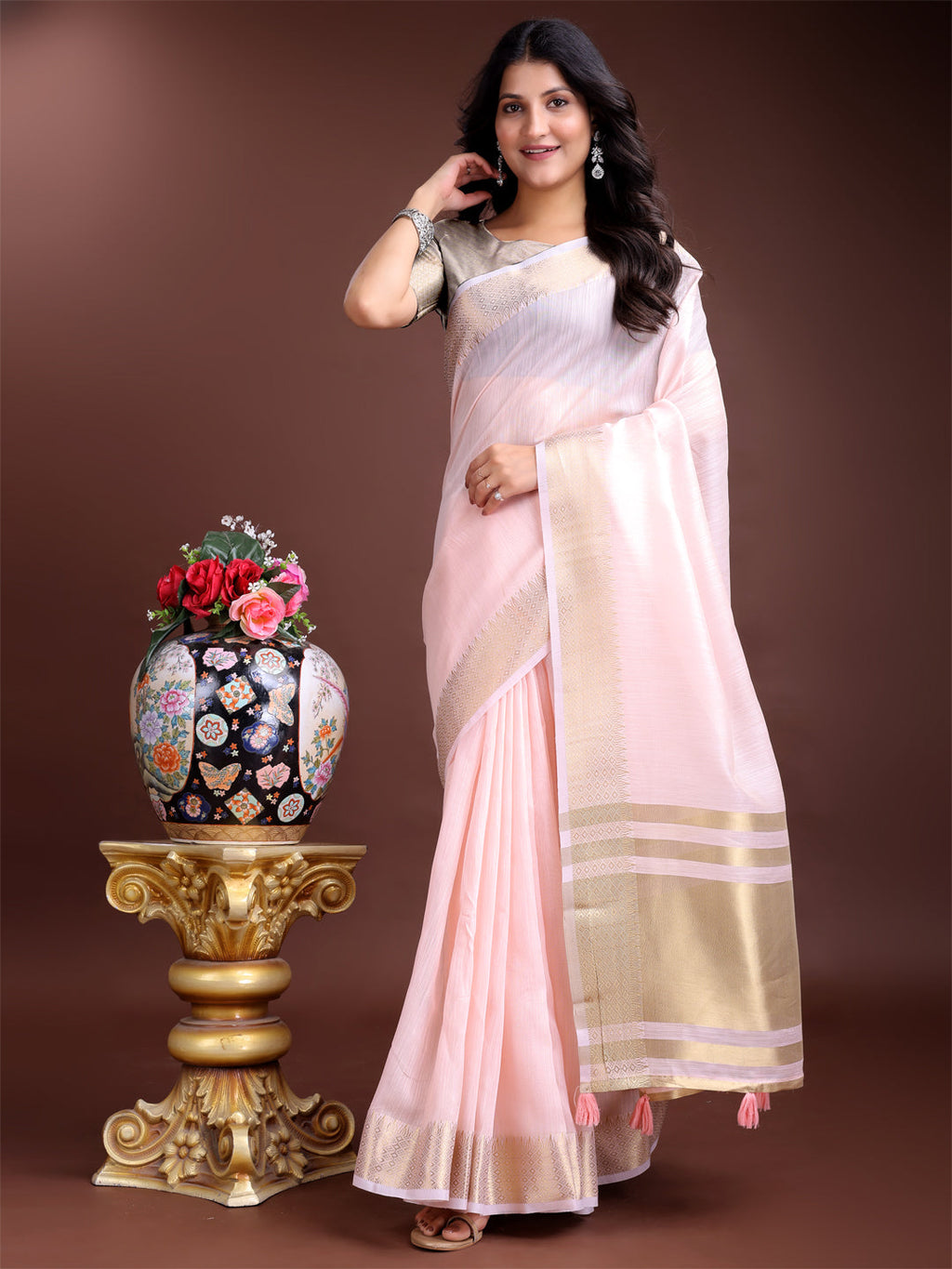 Shree Shyam Fashion Light Pink Gold Cotton Ready-to-Wear Saree - Simplicity Meets Effortless Grace | Grocsy