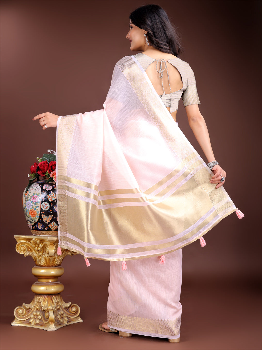 Shree Shyam Fashion Light Pink Gold Cotton Ready-to-Wear Saree - Simplicity Meets Effortless Grace | Grocsy