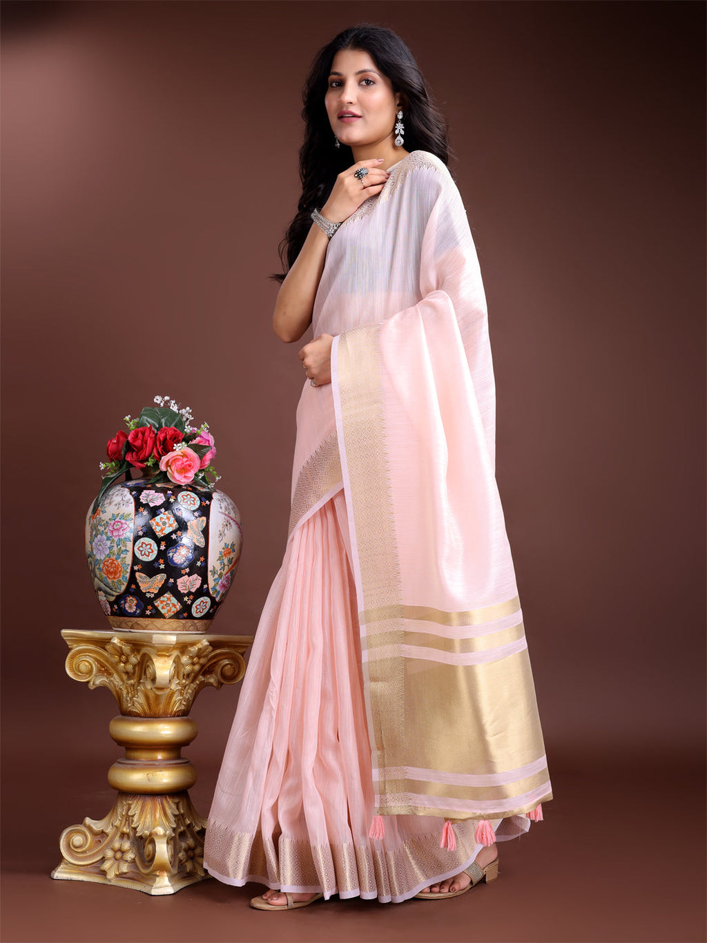 Shree Shyam Fashion Light Pink Gold Cotton Ready-to-Wear Saree - Simplicity Meets Effortless Grace | Grocsy