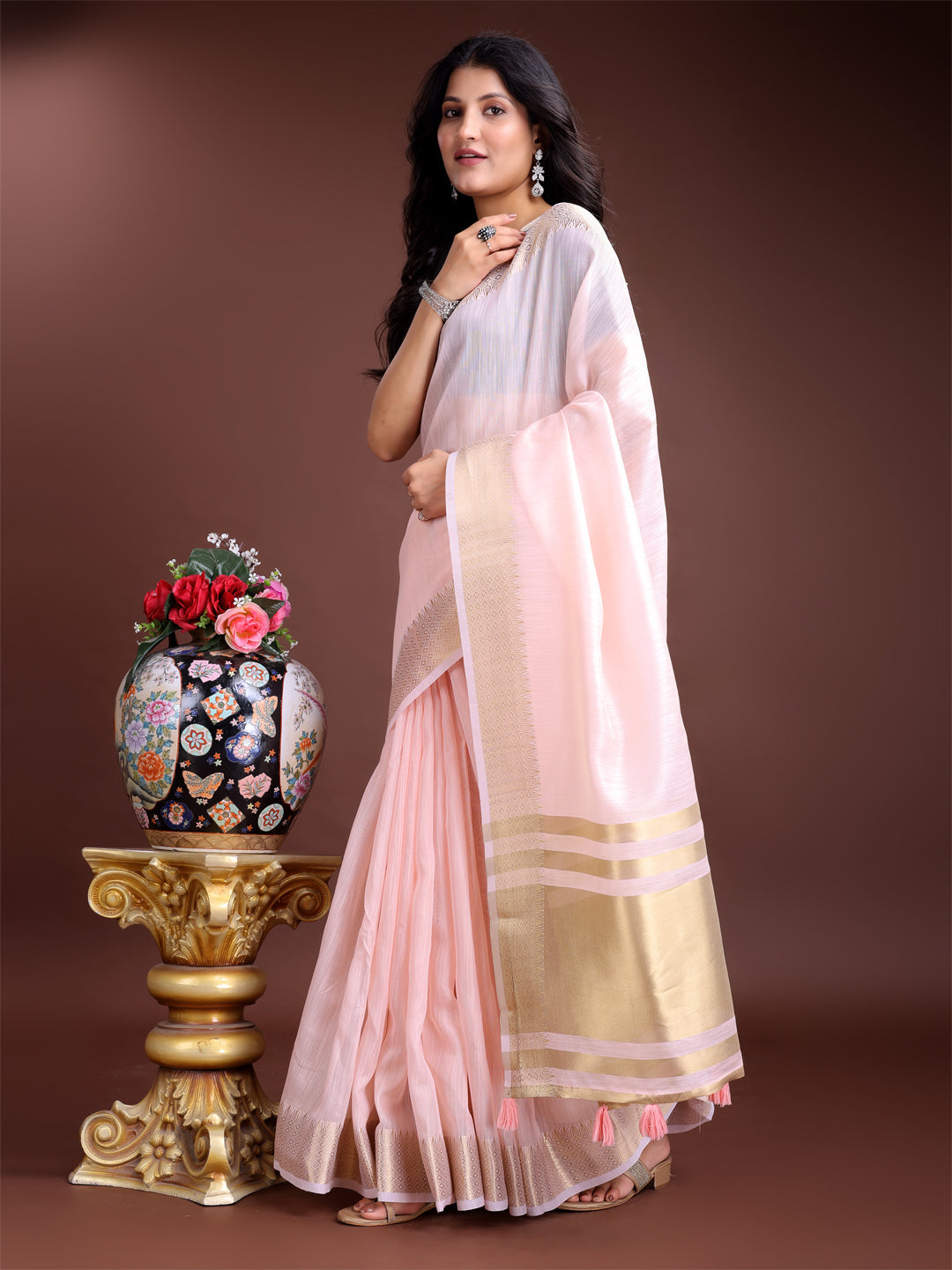 Shree Shyam Fashion Light Pink Gold Cotton Ready-to-Wear Saree - Simplicity Meets Effortless Grace | Grocsy