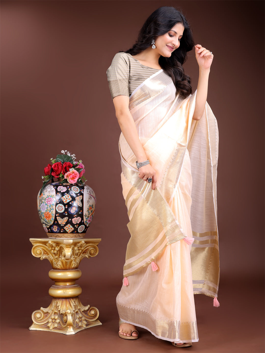 Shree Shyam Fashion Peach Gold Cotton Ready-to-Wear Saree - Simplicity Meets Effortless Grace | Grocsy