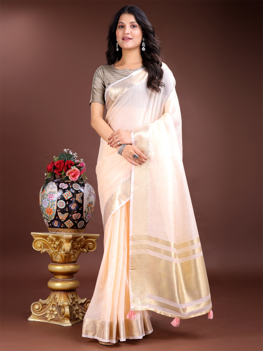 Shree Shyam Fashion Peach Gold Cotton Ready-to-Wear Saree - Simplicity Meets Effortless Grace | Grocsy