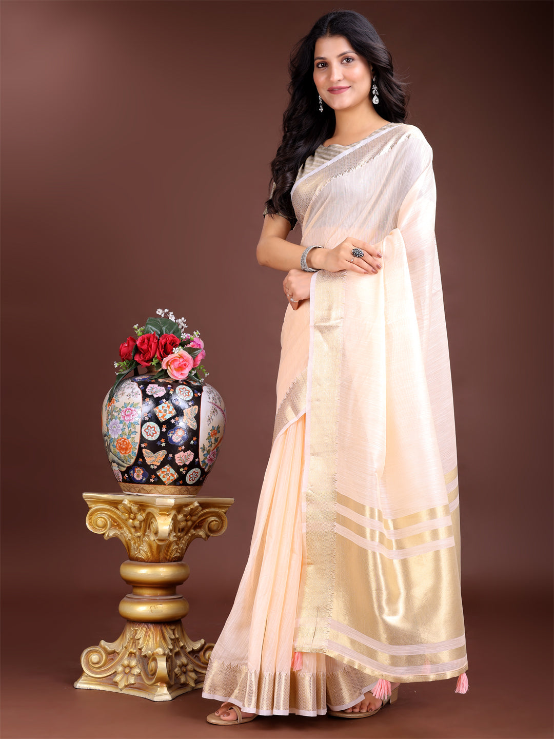 Shree Shyam Fashion Peach Gold Cotton Ready-to-Wear Saree - Simplicity Meets Effortless Grace | Grocsy