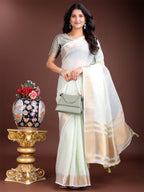 Shree Shyam Fashion Light Green Gold Cotton Ready-to-Wear Saree - Simplicity Meets Effortless Grace | Grocsy