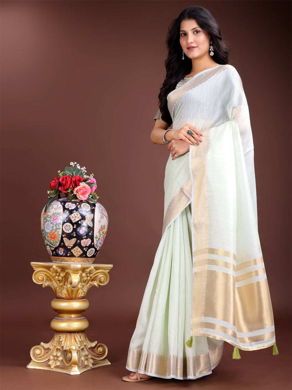 Shree Shyam Fashion Light Green Gold Cotton Ready-to-Wear Saree - Simplicity Meets Effortless Grace | Grocsy