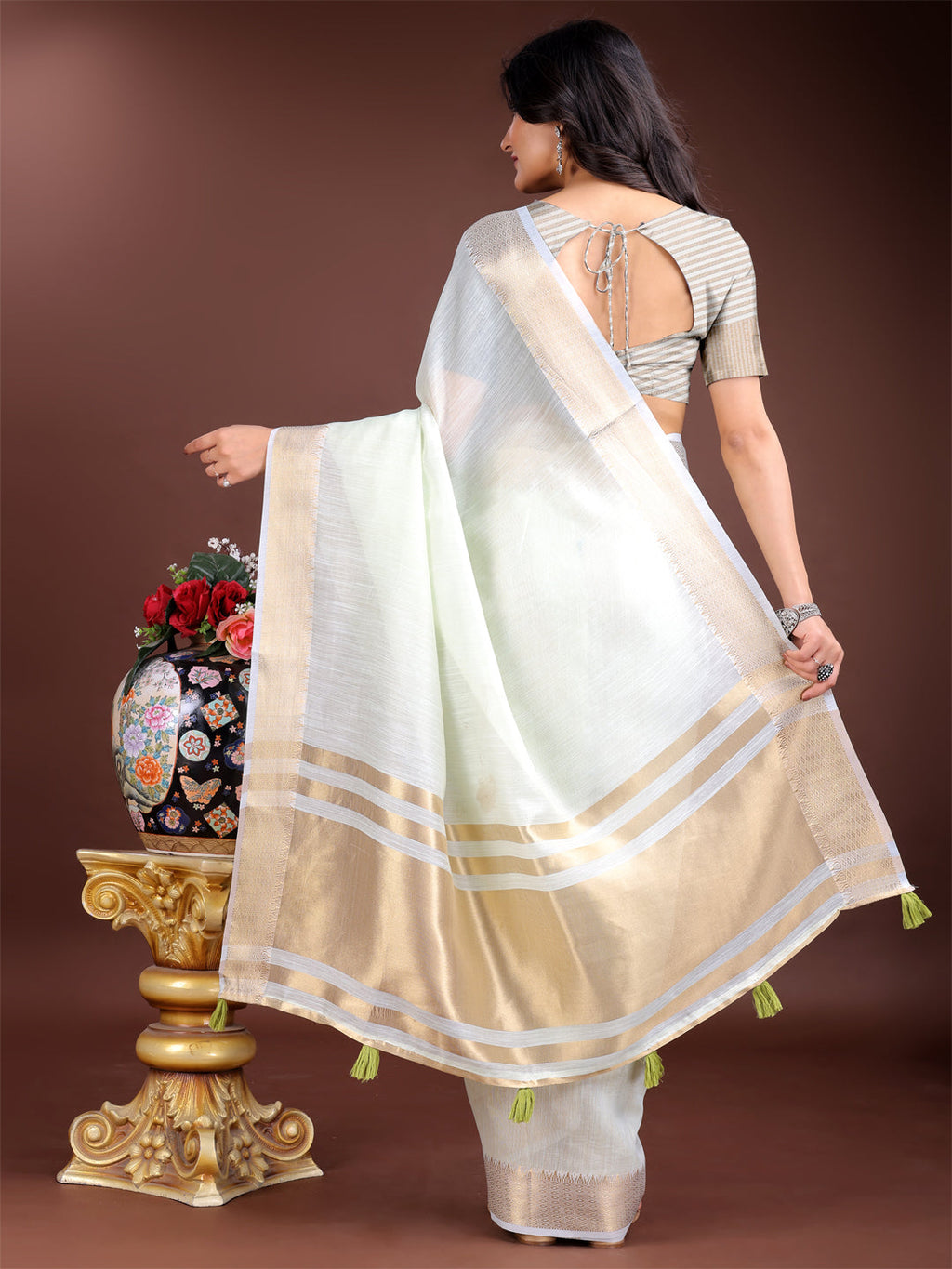 Shree Shyam Fashion Light Green Gold Cotton Ready-to-Wear Saree - Simplicity Meets Effortless Grace | Grocsy