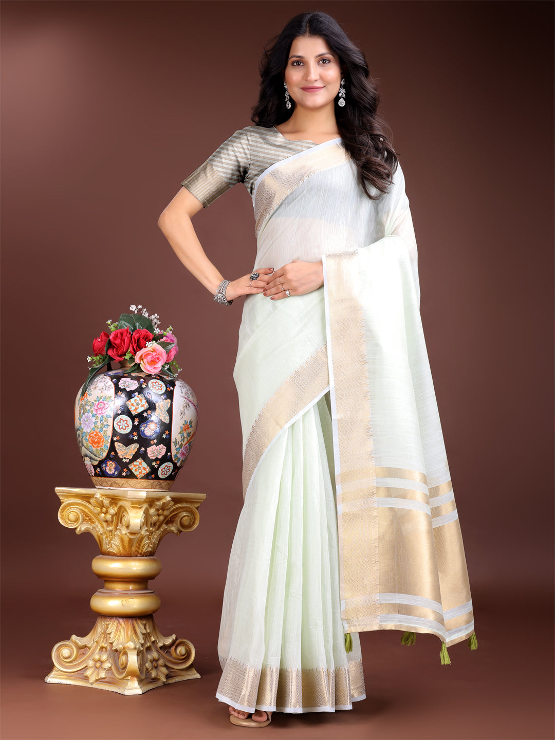 Shree Shyam Fashion Light Green Gold Cotton Ready-to-Wear Saree - Simplicity Meets Effortless Grace | Grocsy