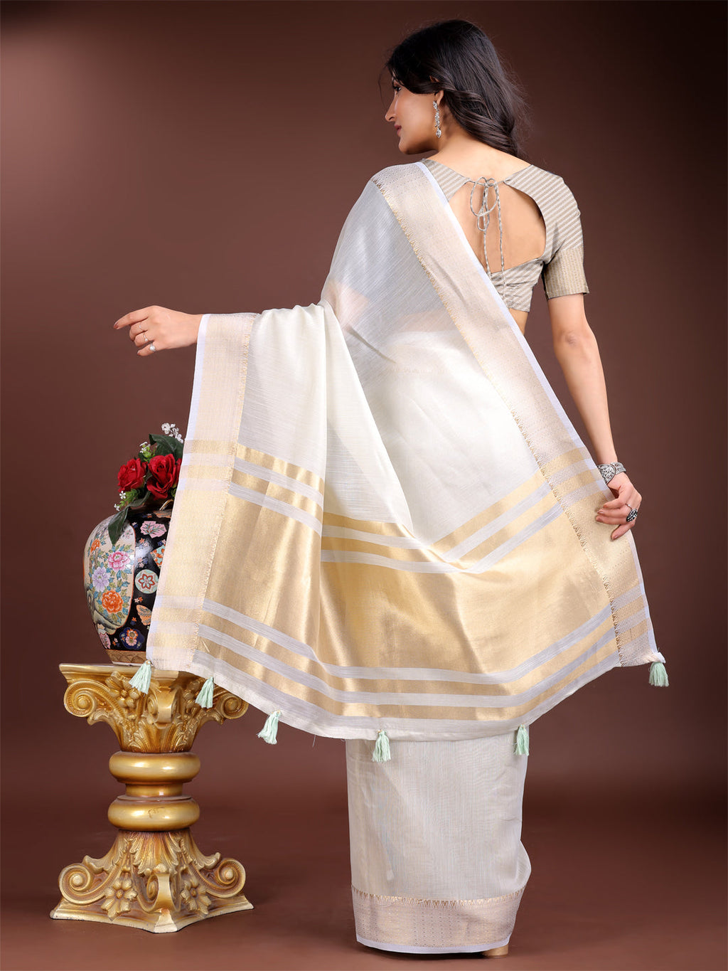 Shree Shyam Fashion Grey Gold Cotton Ready-to-Wear Saree - Simplicity Meets Effortless Grace | Grocsy