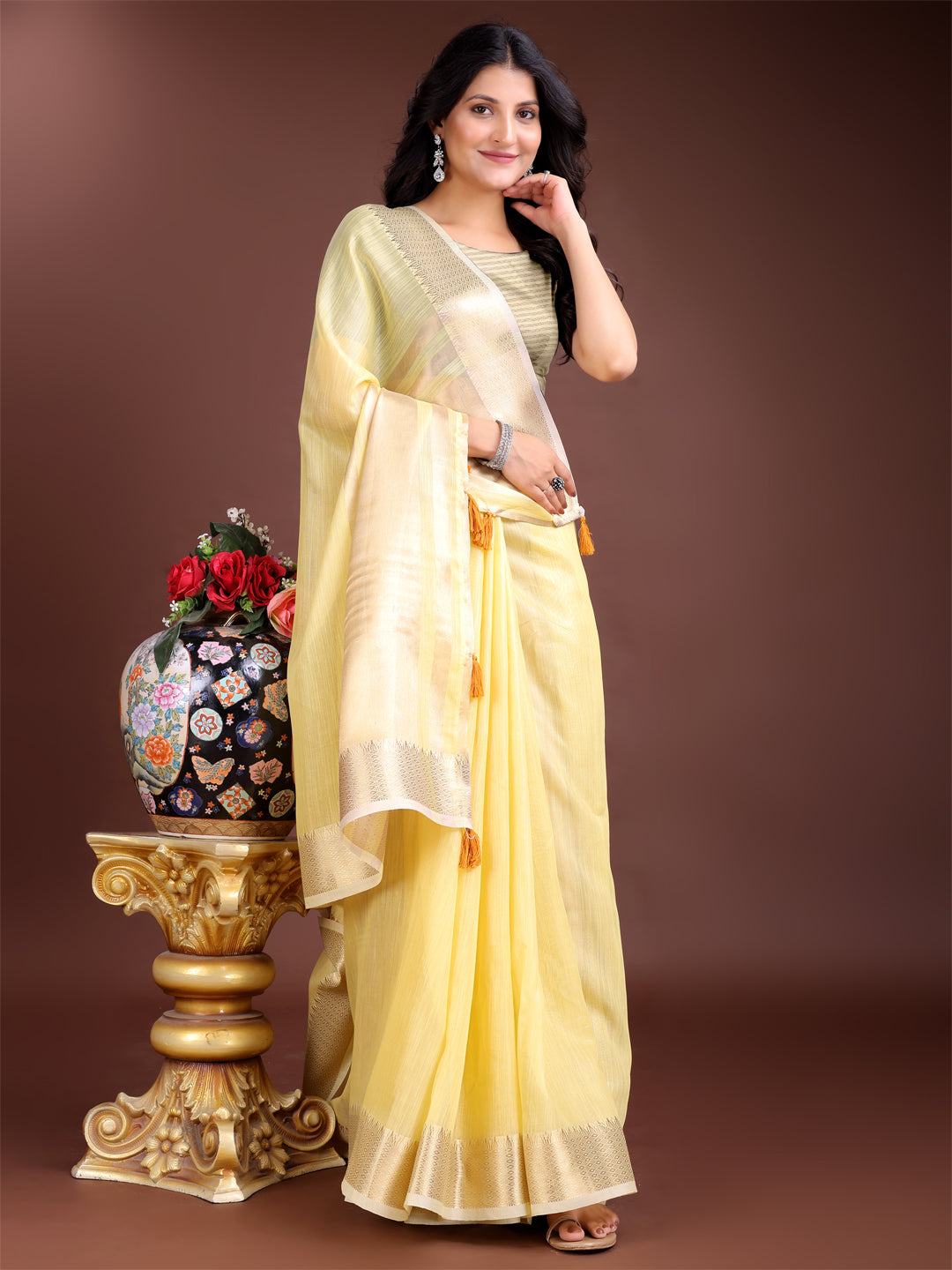 Shree Shyam Fashion Yellow Gold Cotton Ready-to-Wear Saree - Simplicity Meets Effortless Grace | Grocsy