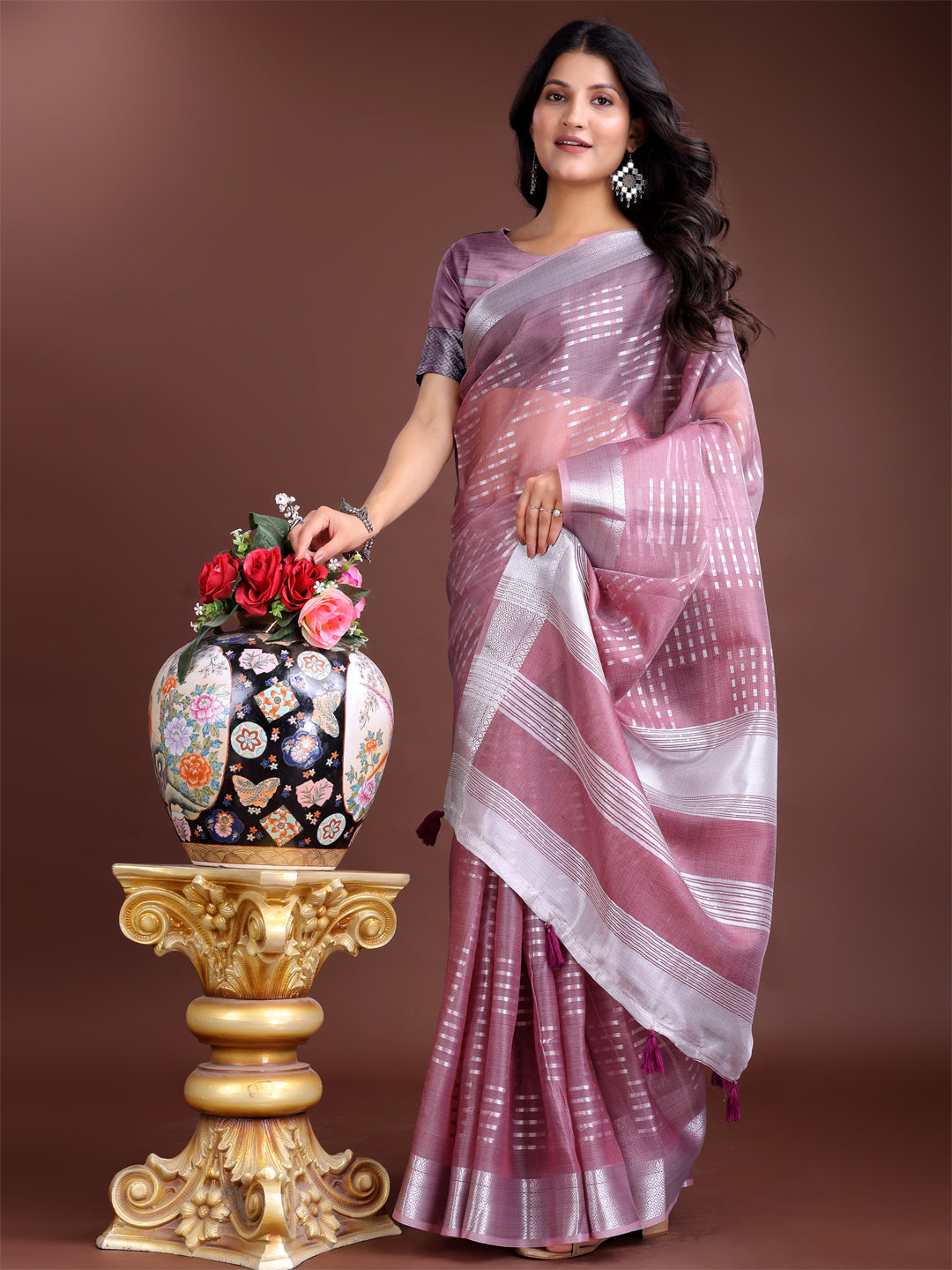 Shree Shyam Fashion Purple Organza Woven Zari Work Traditional Tassel Saree | Grocsy