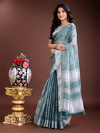 Shree Shyam Fashion Sea Green Organza Woven Zari Work Traditional Tassel Saree | Grocsy