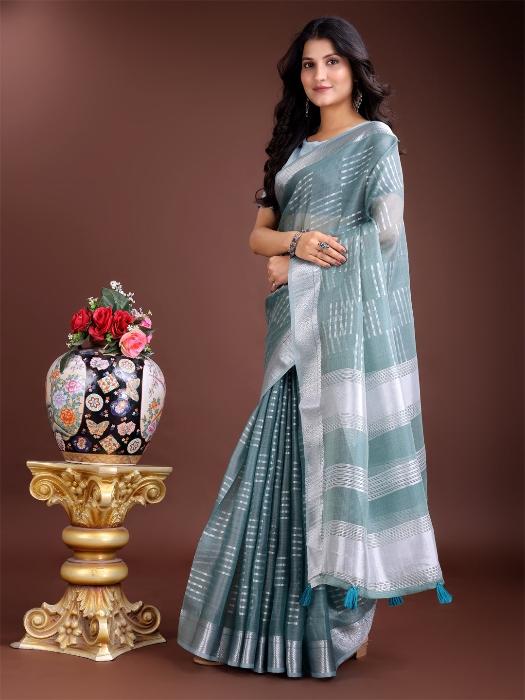 Shree Shyam Fashion Sea Green Organza Woven Zari Work Traditional Tassel Saree | Grocsy