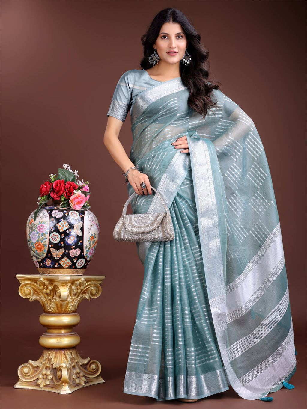 Shree Shyam Fashion Sea Green Organza Woven Zari Work Traditional Tassel Saree | Grocsy