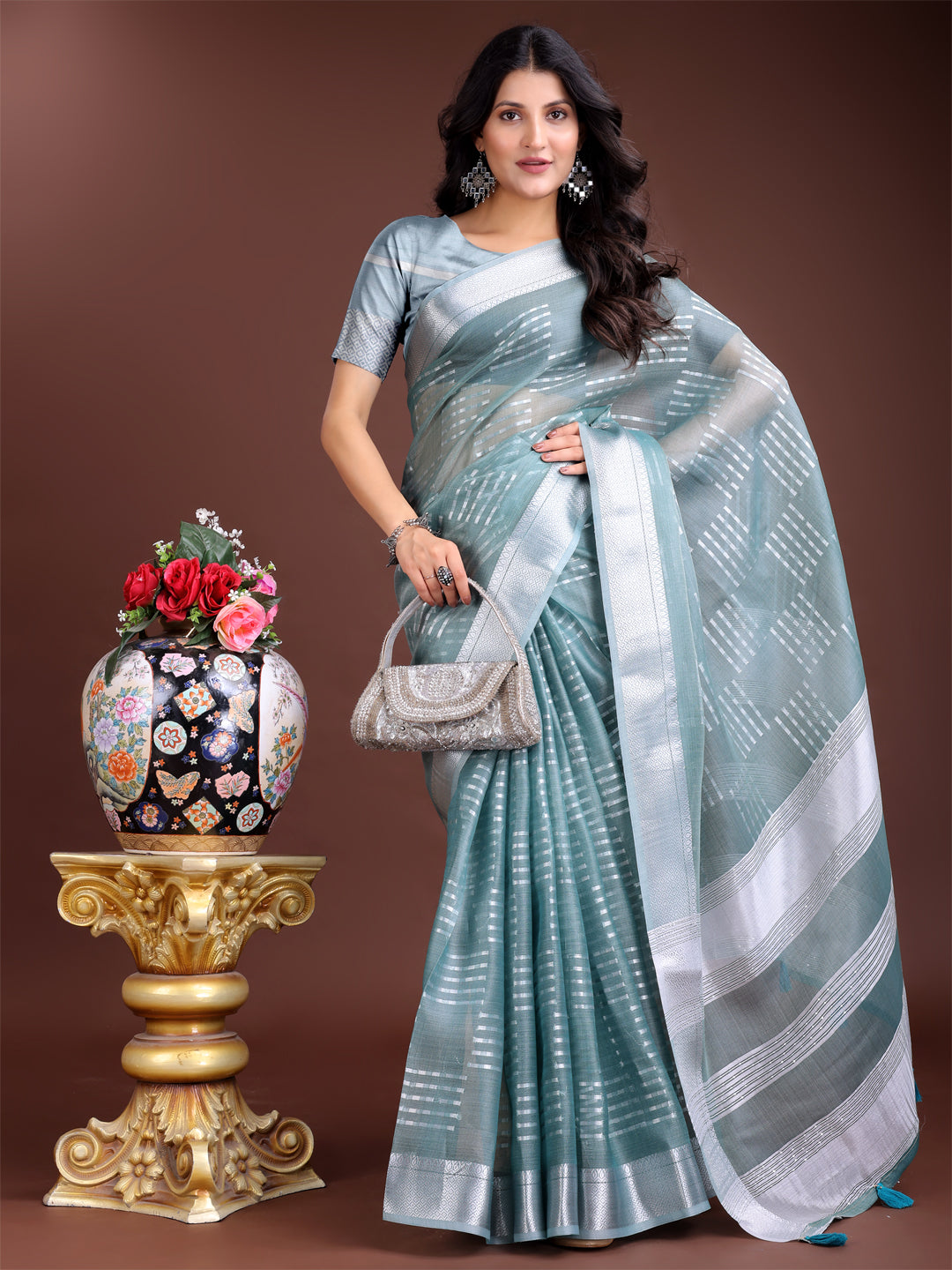 Shree Shyam Fashion Sea Green Organza Woven Zari Work Traditional Tassel Saree | Grocsy