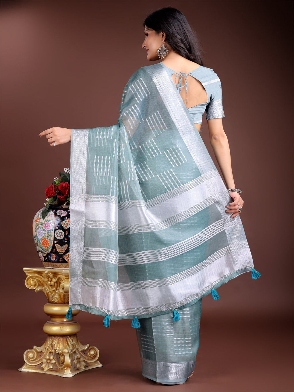 Shree Shyam Fashion Sea Green Organza Woven Zari Work Traditional Tassel Saree | Grocsy