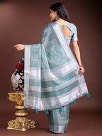 Shree Shyam Fashion Sea Green Organza Woven Zari Work Traditional Tassel Saree | Grocsy