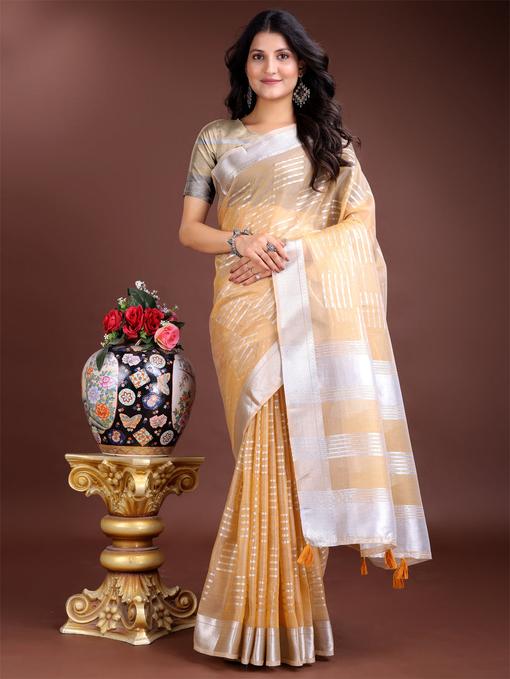 Shree Shyam Fashion Yellow Organza Woven Zari Work Traditional Tassel Saree | Grocsy