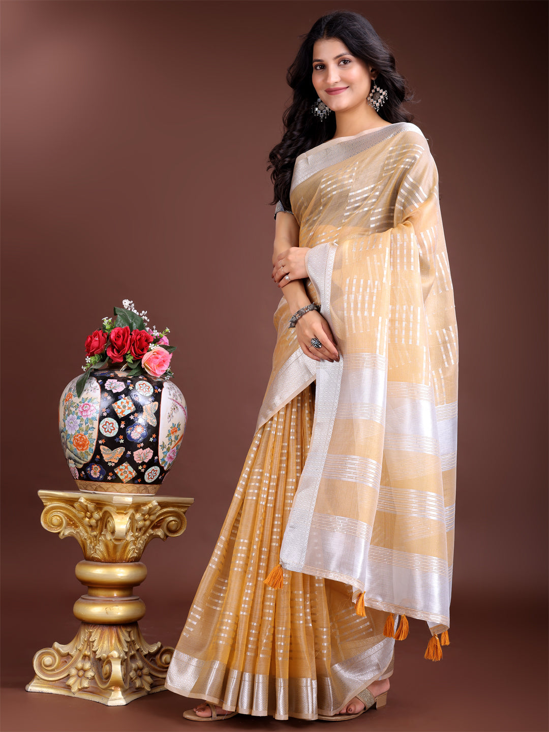 Shree Shyam Fashion Yellow Organza Woven Zari Work Traditional Tassel Saree | Grocsy