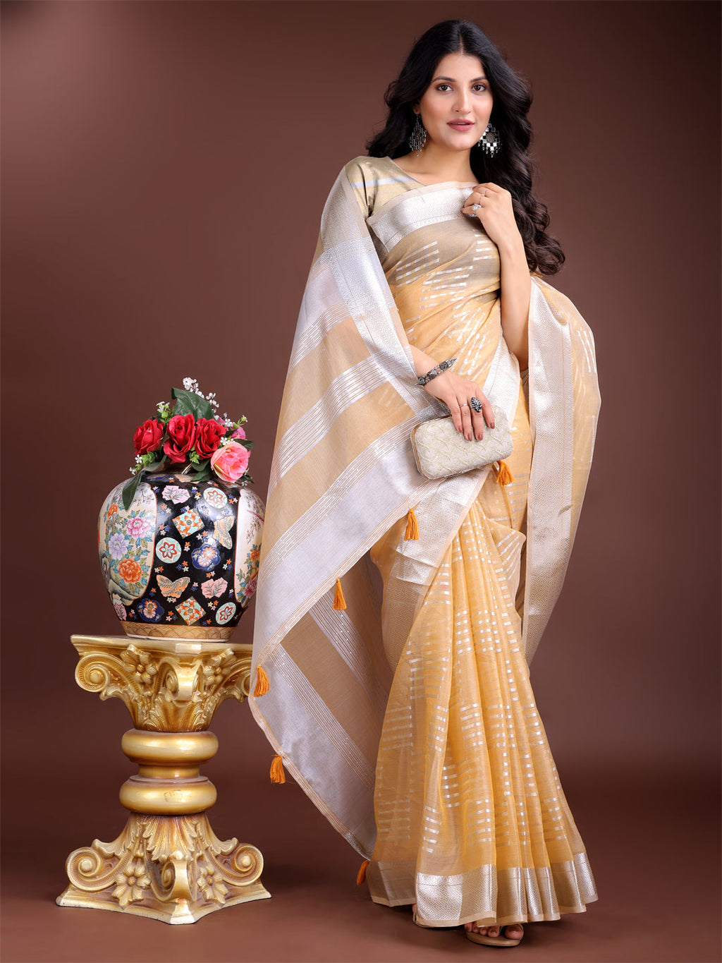 Shree Shyam Fashion Yellow Organza Woven Zari Work Traditional Tassel Saree | Grocsy