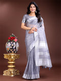 Shree Shyam Fashion Grey Organza Woven Zari Work Traditional Tassel Saree | Grocsy