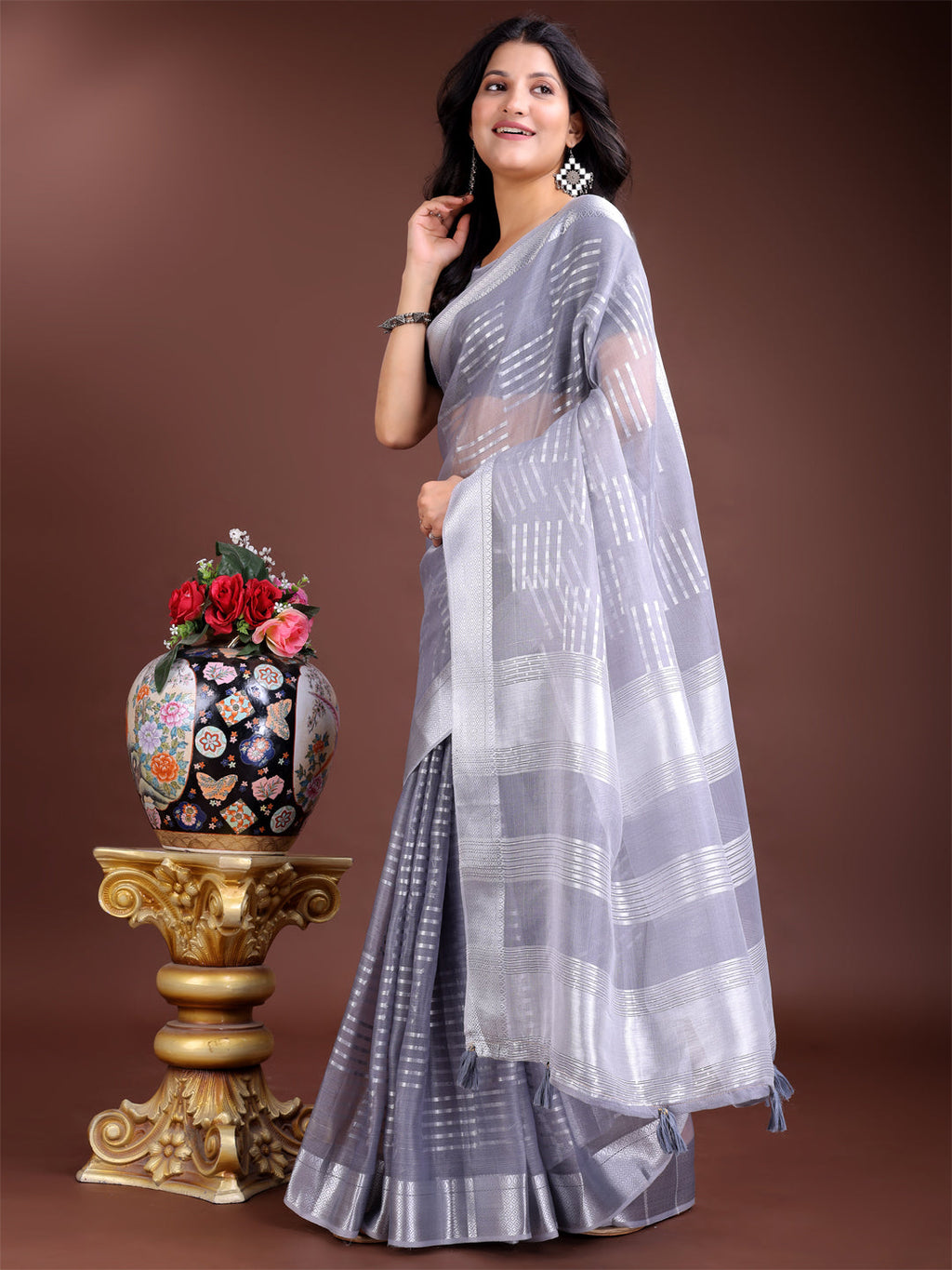Shree Shyam Fashion Grey Organza Woven Zari Work Traditional Tassel Saree | Grocsy