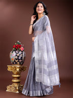 Shree Shyam Fashion Grey Organza Woven Zari Work Traditional Tassel Saree | Grocsy
