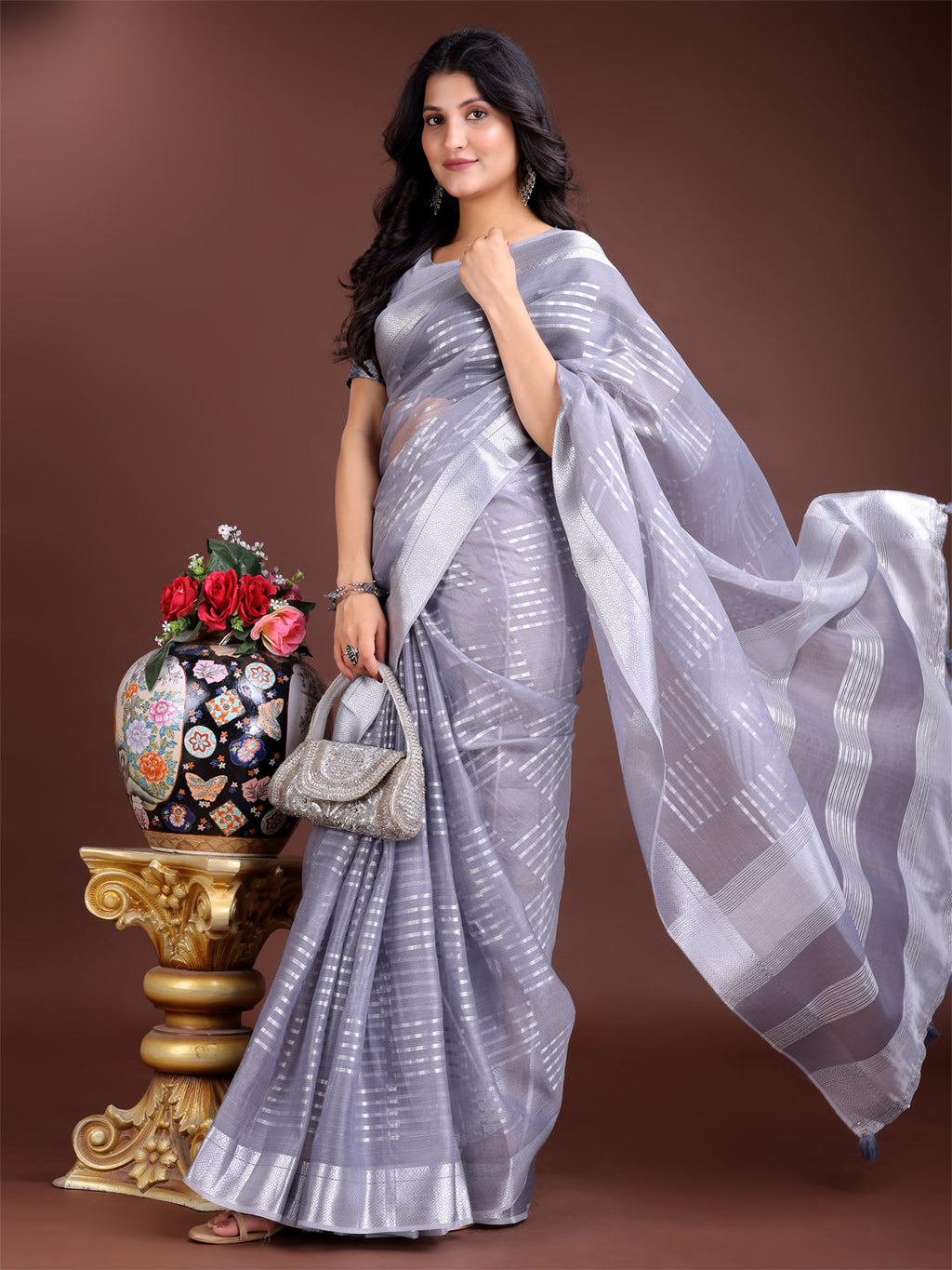Shree Shyam Fashion Grey Organza Woven Zari Work Traditional Tassel Saree | Grocsy