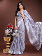 Shree Shyam Fashion Grey Organza Woven Zari Work Traditional Tassel Saree | Grocsy