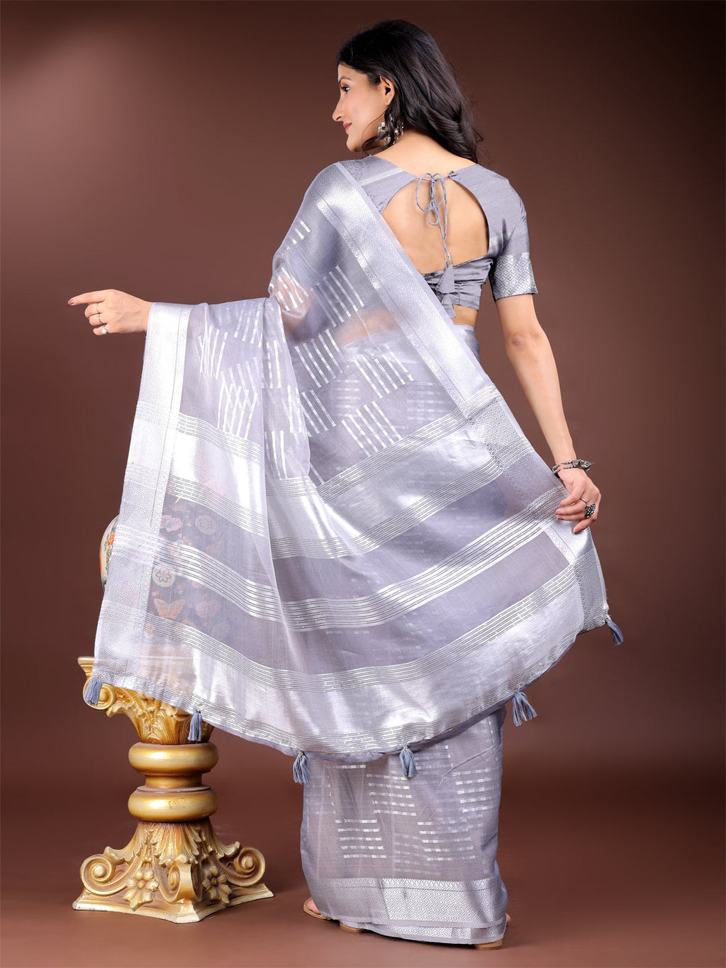 Shree Shyam Fashion Grey Organza Woven Zari Work Traditional Tassel Saree | Grocsy